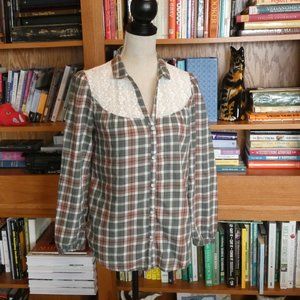 Wild Pearl Plaid & Lace Button Down Blouse - M